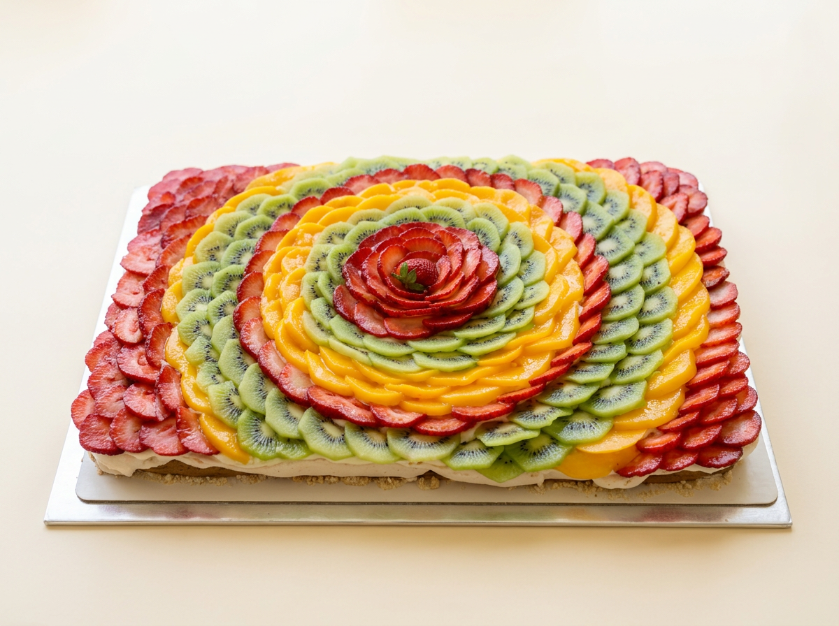 Pavlova de tres frutas: mango, kiwi y raspberries